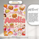 Cute Kawaii Fast Food Snacks Gingham Picnic Pink Background  Personalised Custom Name Super Soft Fleece Blanket Bed Sofa Throw