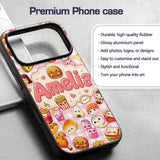 Cute Kawaii Fast Food Snacks Gingham Picnic Pink Custom Name Protective Phone Case Mobile Cover Durable Everyday Smartphone Shock Resistant