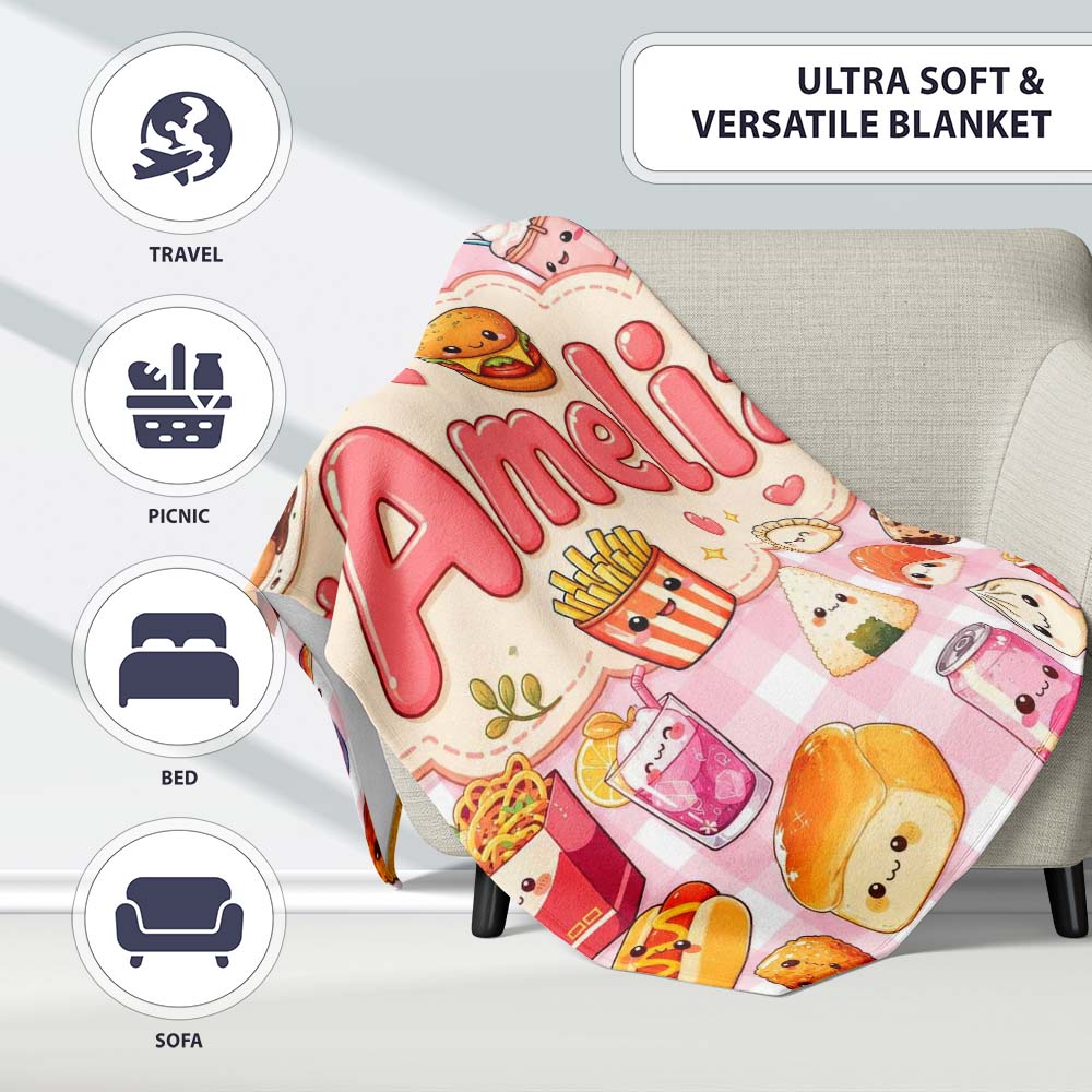 Cute Kawaii Fast Food Snacks Gingham Picnic Pink Background  Personalised Custom Name Super Soft Fleece Blanket Bed Sofa Throw