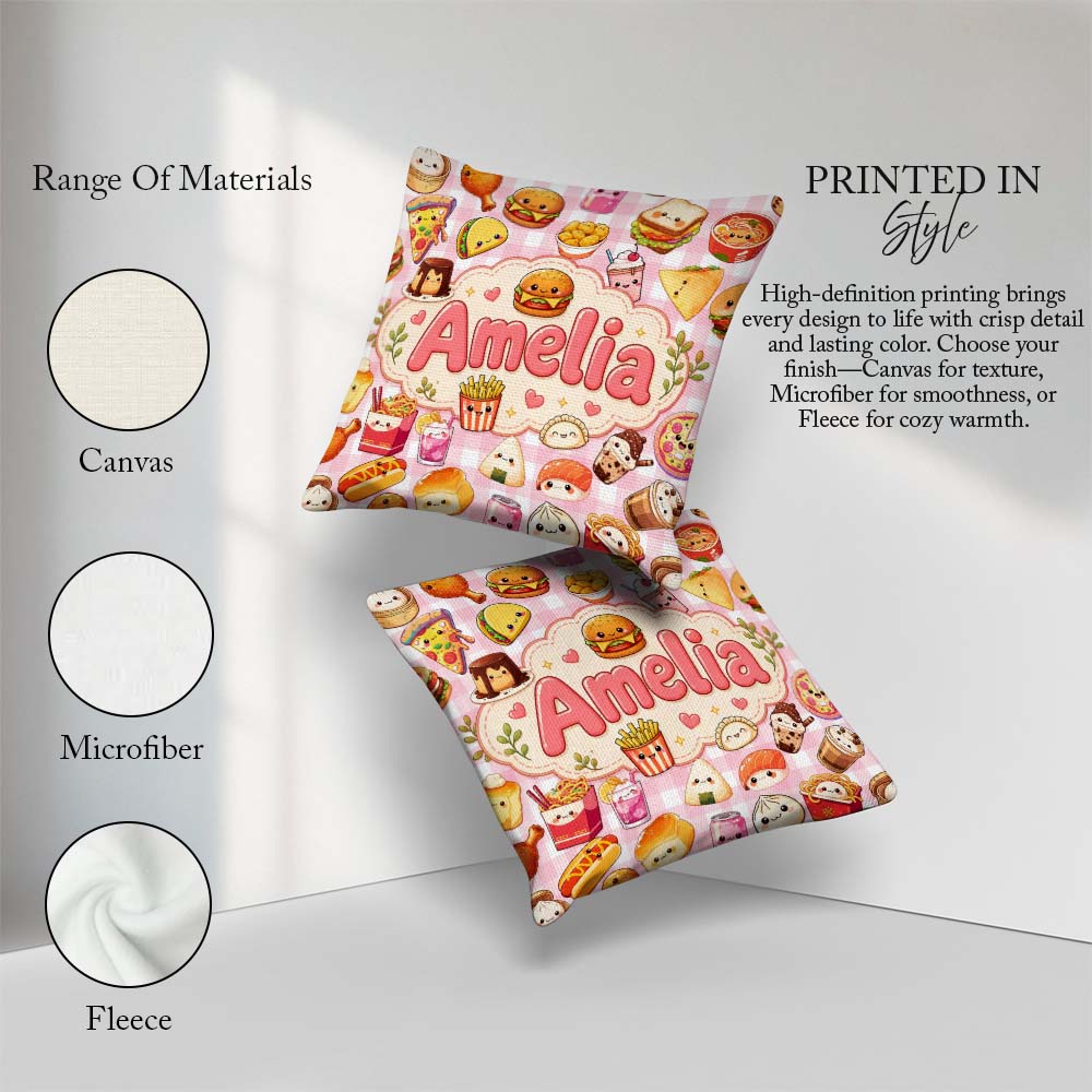 Custom Name Cute Kawaii Fast Food Snacks Gingham Pink Background Square Filled Cushion Throw Pillow Sofa Bed Home Decor Zip Washable UK Made