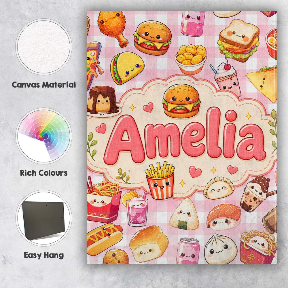 Personalised Name Cute Kawaii Fast Food Custom  Modern Room Accent Elegant Feature Canvas Wall Art Print Decor Picture Ready to Hang