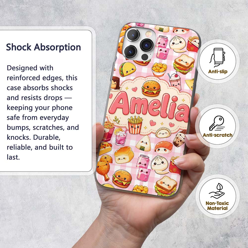 Cute Kawaii Fast Food Snacks Gingham Picnic Pink Custom Name Protective Phone Case Mobile Cover Durable Everyday Smartphone Shock Resistant