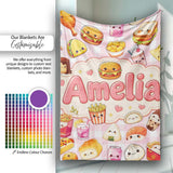 Cute Kawaii Fast Food Snacks Gingham Picnic Pink Background  Personalised Custom Name Super Soft Fleece Blanket Bed Sofa Throw