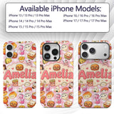 Cute Kawaii Fast Food Snacks Gingham Picnic Pink Custom Name Protective Phone Case Mobile Cover Durable Everyday Smartphone Shock Resistant