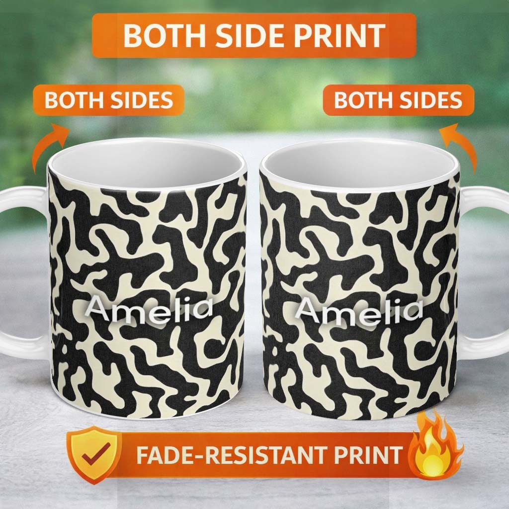 Personalized Custom Name Concentric Circles & Stripes Black Cream Abstract Pattern Lovely 11oz Ceramic Coffee Tea Mug White Large Handle