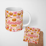 Personalized Custom Name Cute Kawaii Fast Food Snacks Gingham Picnic Red Background Seamless 11oz Ceramic Coffee Tea Mug White Large Handle