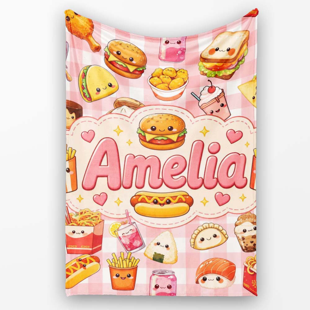 Cute Kawaii Fast Food Snacks Gingham Picnic Red Background Seamless  Personalised Custom Name Super Soft Fleece Blanket Bed Sofa Throw