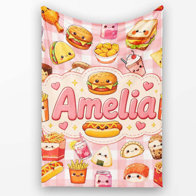 Cute Kawaii Fast Food Snacks Gingham Picnic Red Background Seamless  Personalised Custom Name Super Soft Fleece Blanket Bed Sofa Throw