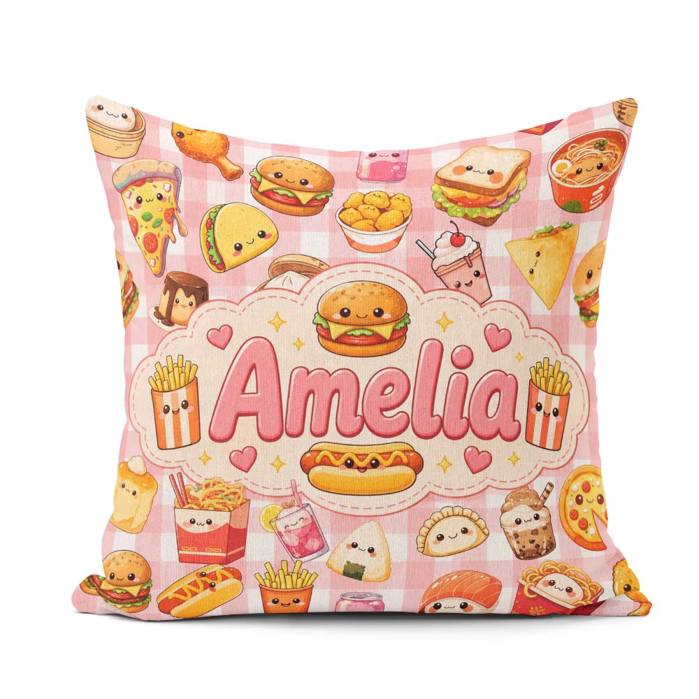 Custom Name Kawaii Fast Food Snacks Gingham Picnic Red Seamless Square Filled Cushion Throw Pillow Sofa Bed Home Decor Zip Washable UK Made