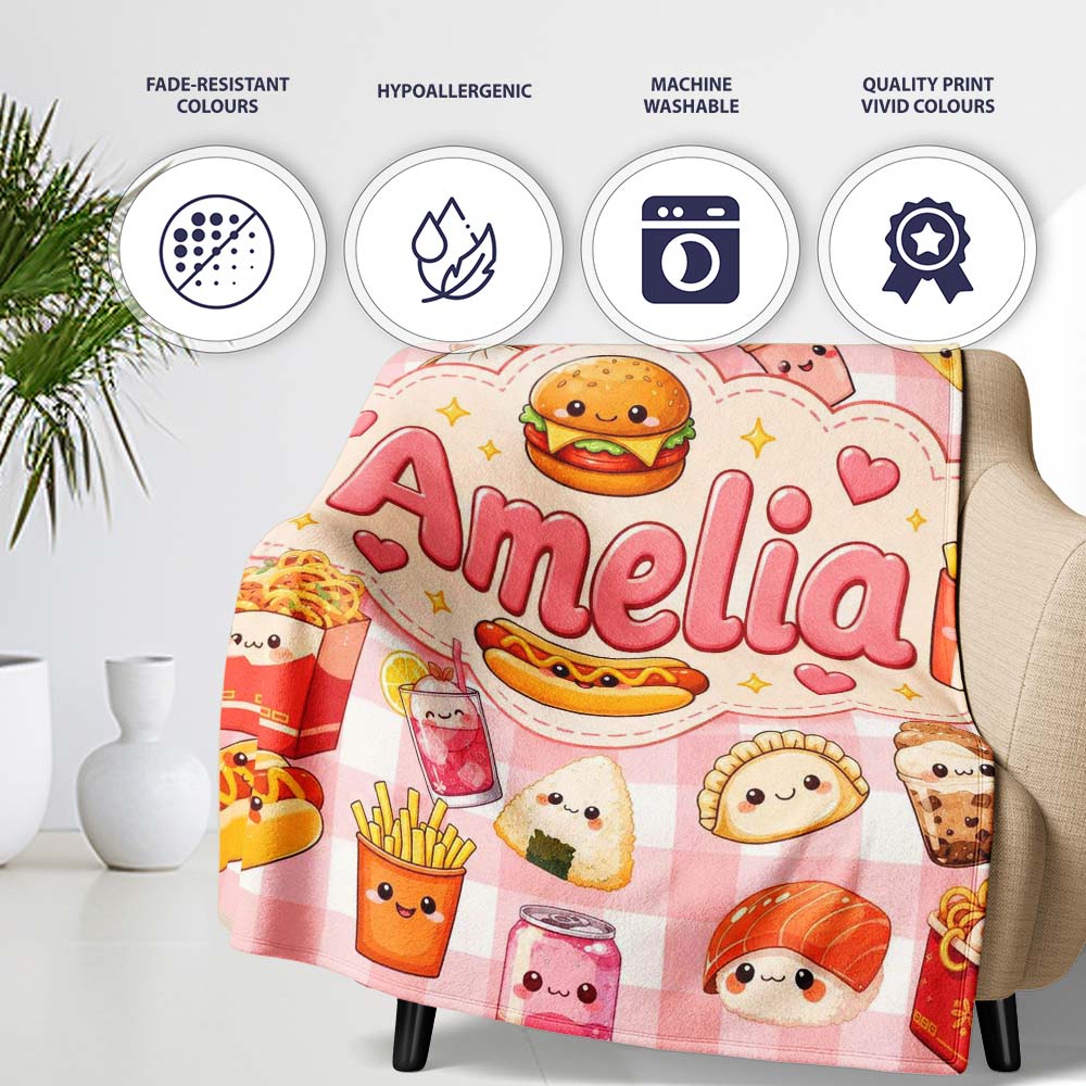 Cute Kawaii Fast Food Snacks Gingham Picnic Red Background Seamless  Personalised Custom Name Super Soft Fleece Blanket Bed Sofa Throw