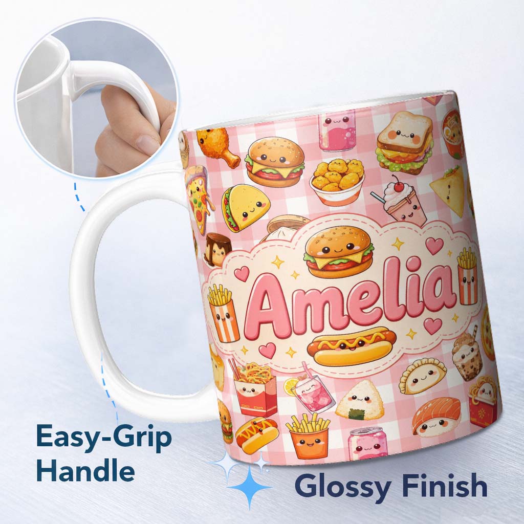 Personalized Custom Name Cute Kawaii Fast Food Snacks Gingham Picnic Red Background Seamless 11oz Ceramic Coffee Tea Mug White Large Handle