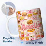 Personalized Custom Name Cute Kawaii Fast Food Snacks Gingham Picnic Red Background Seamless 11oz Ceramic Coffee Tea Mug White Large Handle