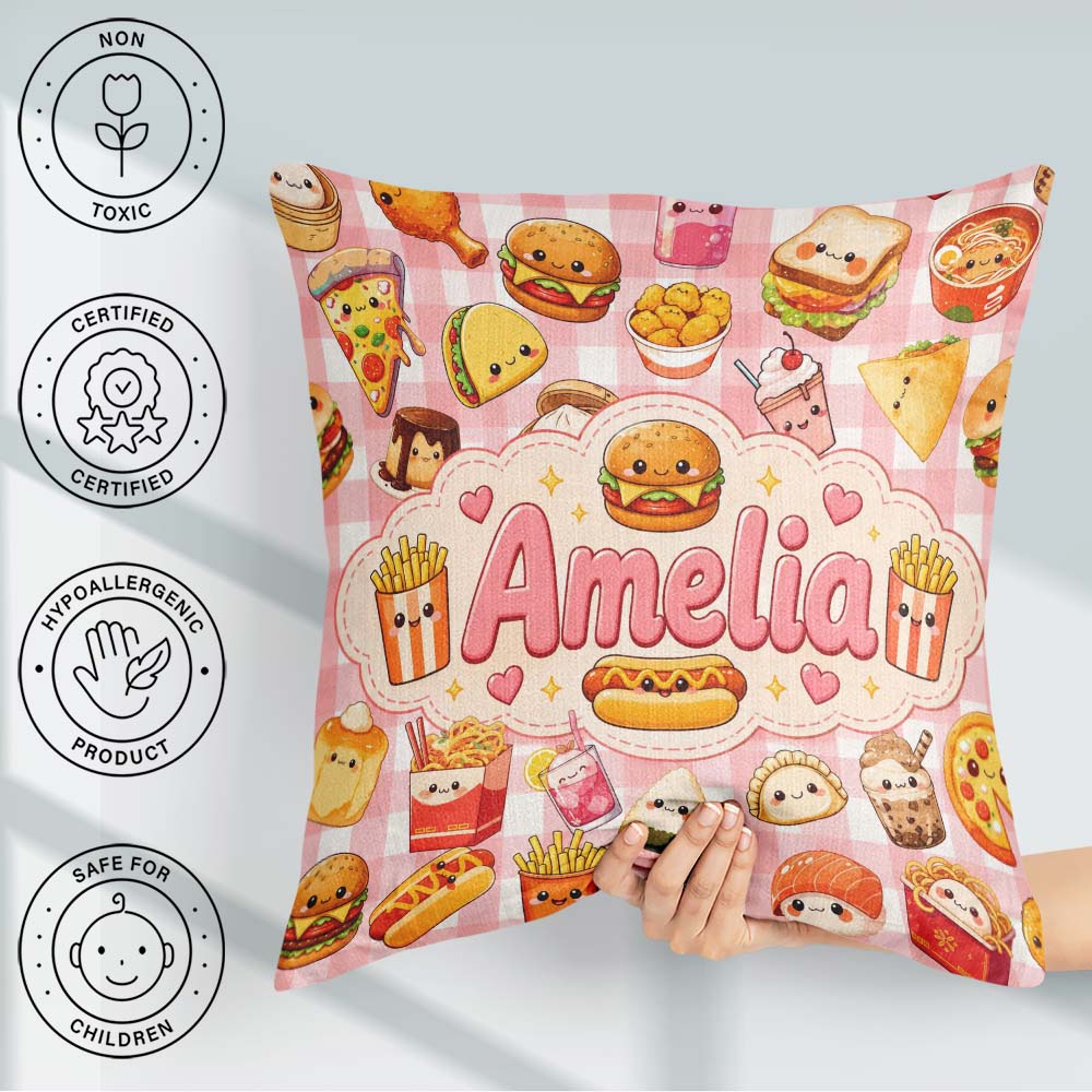 Custom Name Kawaii Fast Food Snacks Gingham Picnic Red Seamless Square Filled Cushion Throw Pillow Sofa Bed Home Decor Zip Washable UK Made