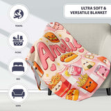 Cute Kawaii Fast Food Snacks Gingham Picnic Red Background Seamless  Personalised Custom Name Super Soft Fleece Blanket Bed Sofa Throw