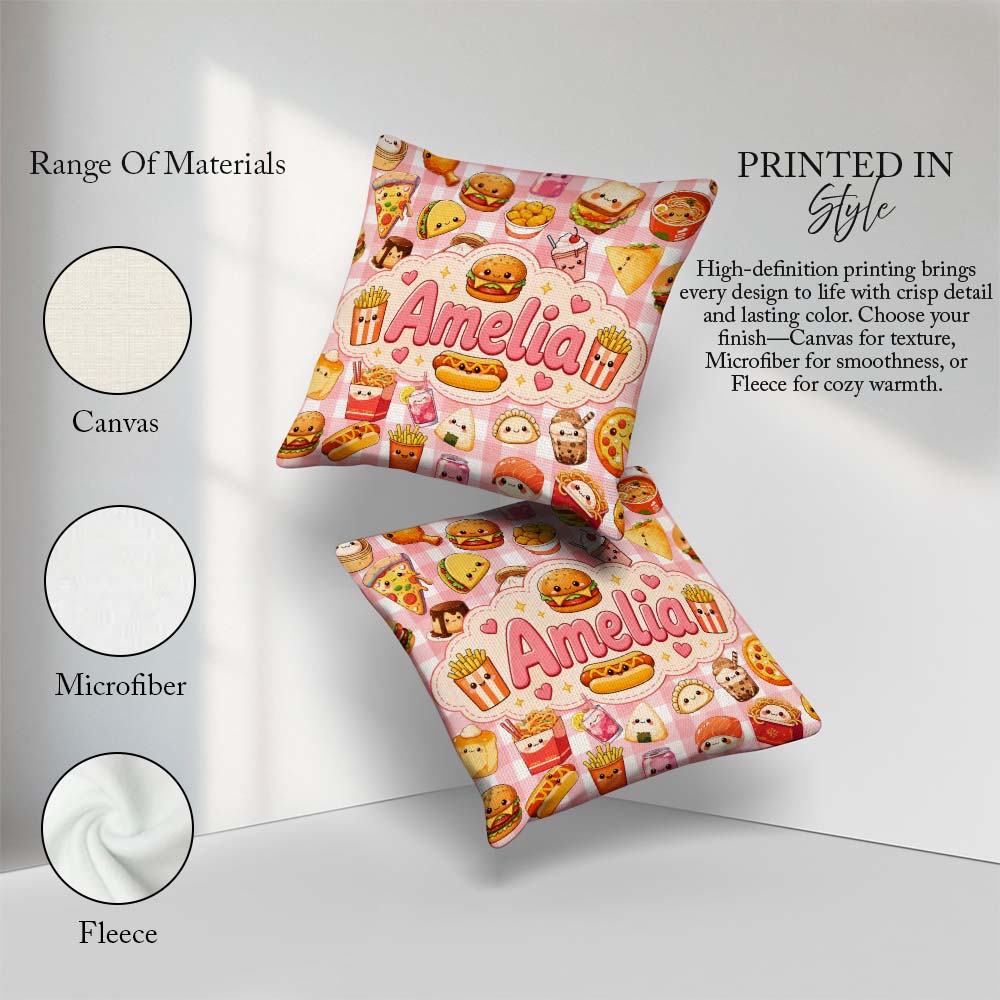 Custom Name Kawaii Fast Food Snacks Gingham Picnic Red Seamless Square Filled Cushion Throw Pillow Sofa Bed Home Decor Zip Washable UK Made