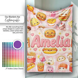 Cute Kawaii Fast Food Snacks Gingham Picnic Red Background Seamless  Personalised Custom Name Super Soft Fleece Blanket Bed Sofa Throw