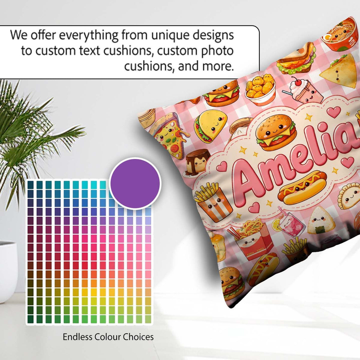 Custom Name Kawaii Fast Food Snacks Gingham Picnic Red Seamless Square Filled Cushion Throw Pillow Sofa Bed Home Decor Zip Washable UK Made
