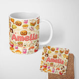 Personalized Custom Name Cute Kawaii Fast Food Snacks Gingham Picnic Beige Background 11oz Ceramic Coffee Tea Mug White Large Handle