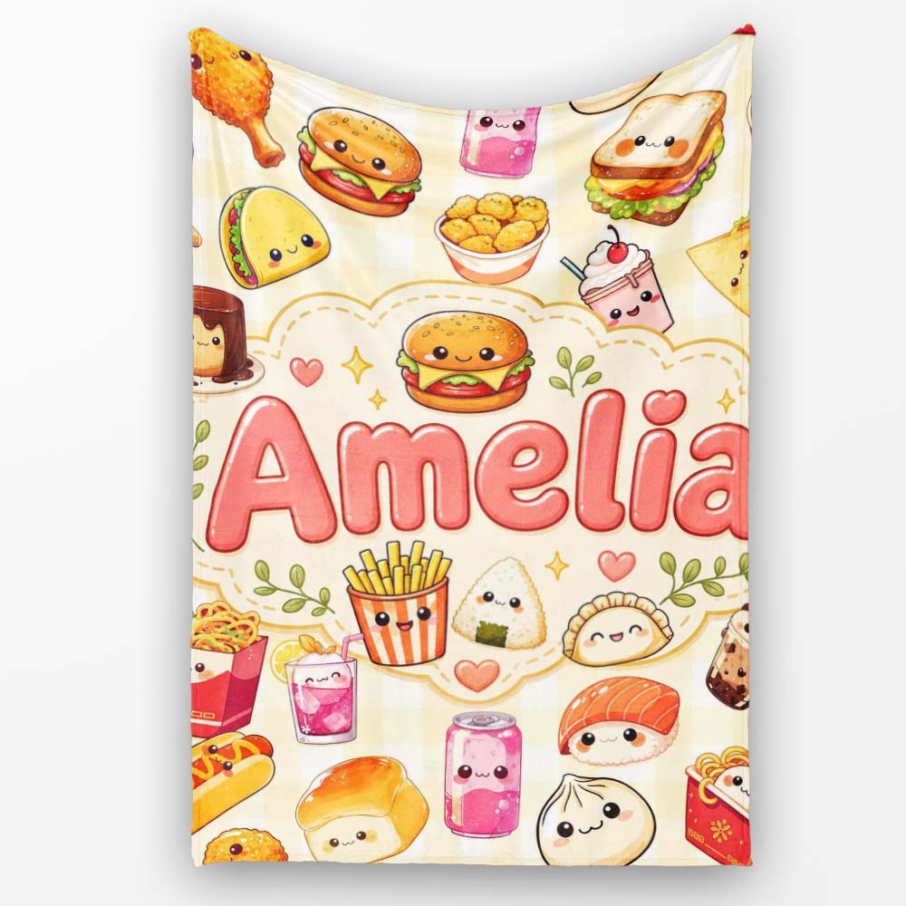 Cute Kawaii Fast Food Snacks Gingham Picnic Beige Background  Personalised Custom Name Super Soft Fleece Blanket Bed Sofa Throw