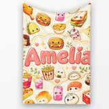 Cute Kawaii Fast Food Snacks Gingham Picnic Beige Background  Personalised Custom Name Super Soft Fleece Blanket Bed Sofa Throw
