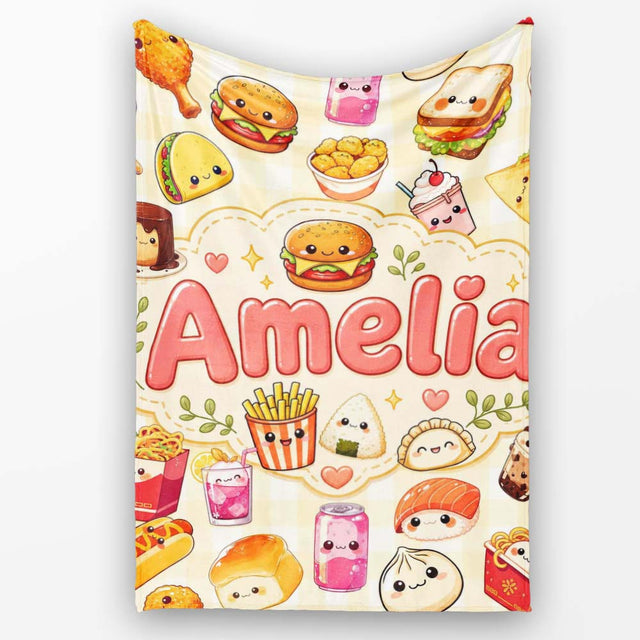 Cute Kawaii Fast Food Snacks Gingham Picnic Beige Background  Personalised Custom Name Super Soft Fleece Blanket Bed Sofa Throw