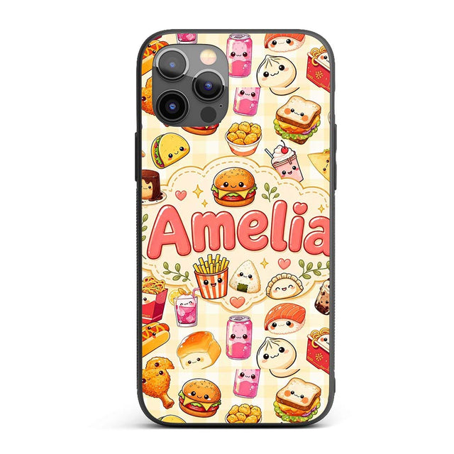 Cute Kawaii Fast Food Snacks Gingham Picnic Beige Custom Name Protective Phone Case Mobile Cover Durable Everyday Smartphone Shock Resistant