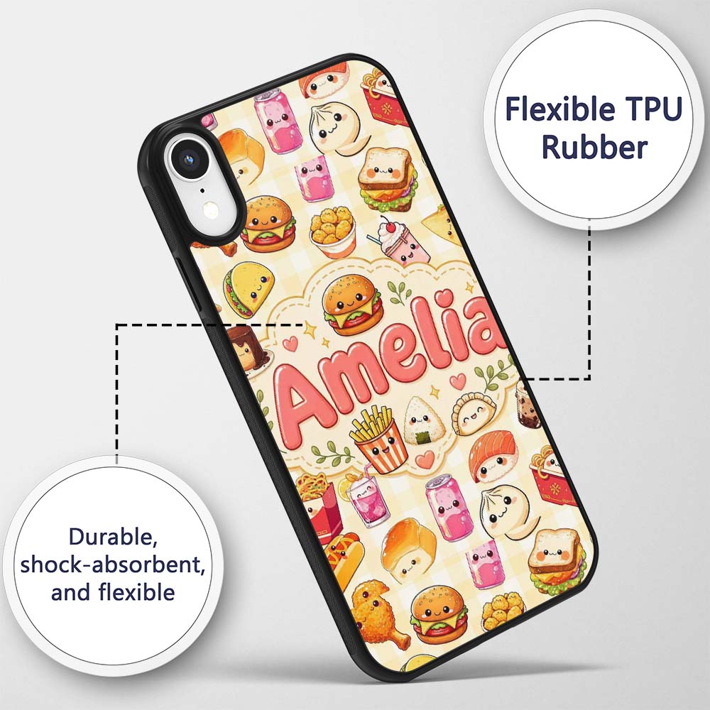 Cute Kawaii Fast Food Snacks Gingham Picnic Beige Custom Name Protective Phone Case Mobile Cover Durable Everyday Smartphone Shock Resistant