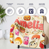 Cute Kawaii Fast Food Snacks Gingham Picnic Beige Background  Personalised Custom Name Super Soft Fleece Blanket Bed Sofa Throw