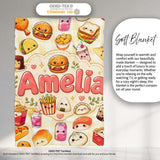 Cute Kawaii Fast Food Snacks Gingham Picnic Beige Background  Personalised Custom Name Super Soft Fleece Blanket Bed Sofa Throw
