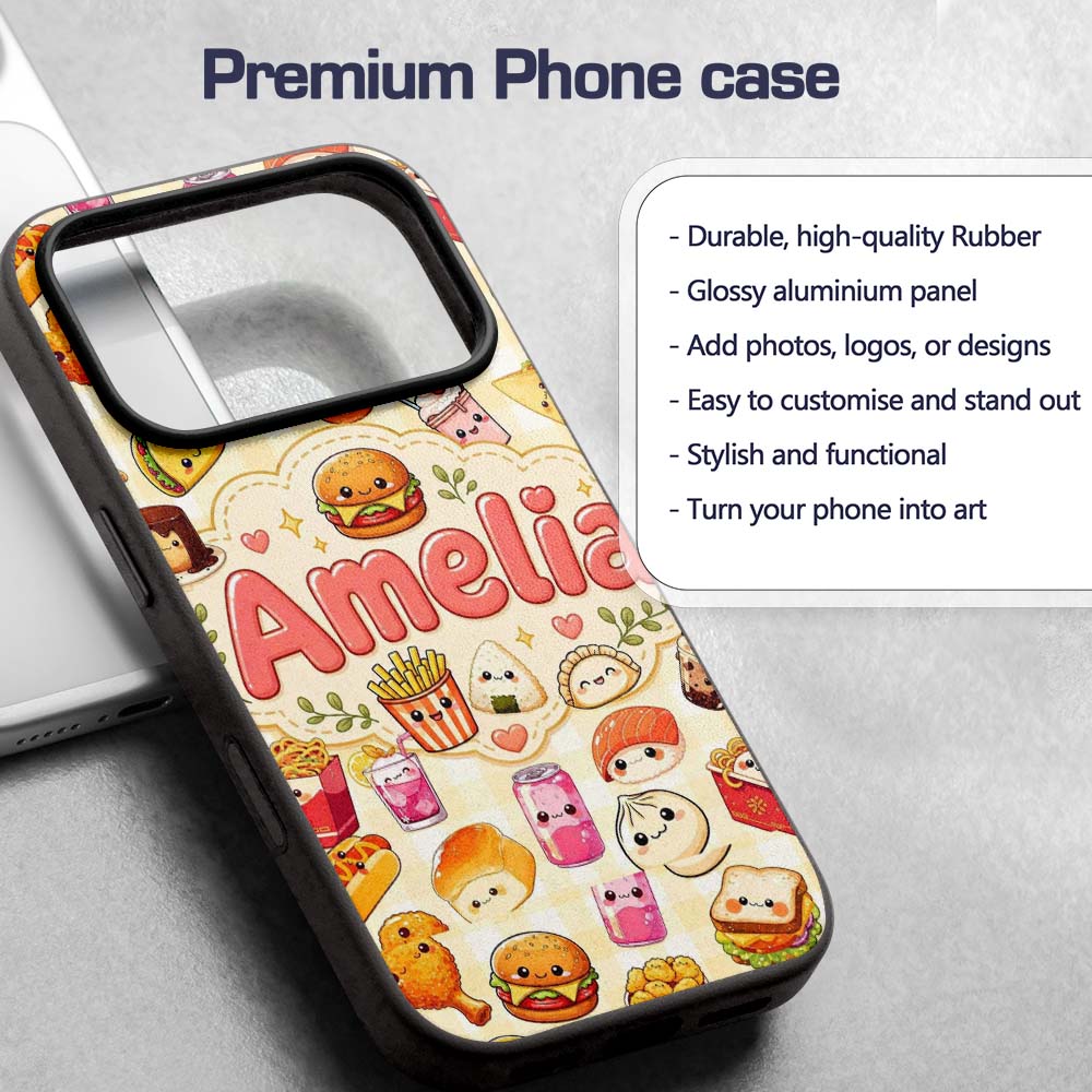 Cute Kawaii Fast Food Snacks Gingham Picnic Beige Custom Name Protective Phone Case Mobile Cover Durable Everyday Smartphone Shock Resistant