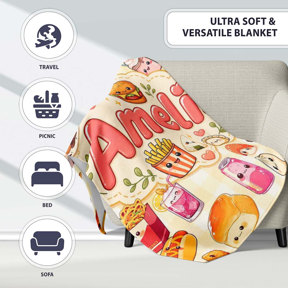 Cute Kawaii Fast Food Snacks Gingham Picnic Beige Background  Personalised Custom Name Super Soft Fleece Blanket Bed Sofa Throw