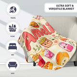 Cute Kawaii Fast Food Snacks Gingham Picnic Beige Background  Personalised Custom Name Super Soft Fleece Blanket Bed Sofa Throw