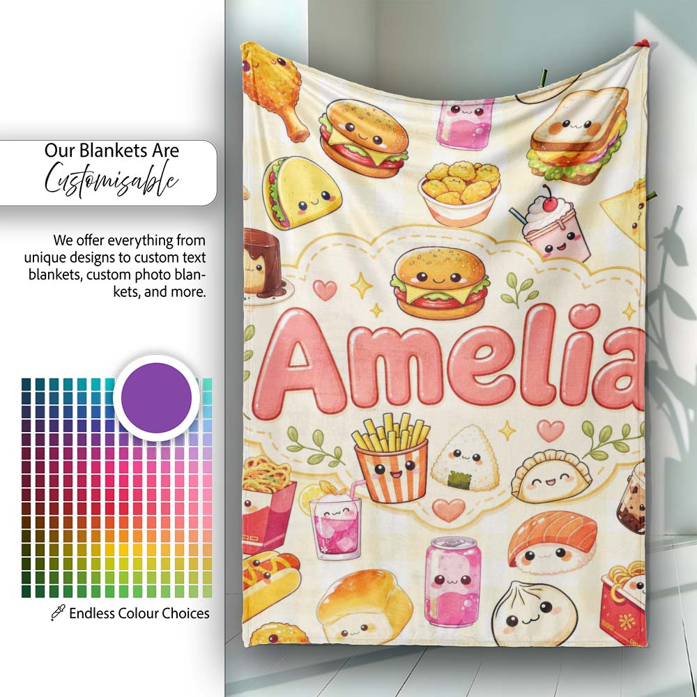 Cute Kawaii Fast Food Snacks Gingham Picnic Beige Background  Personalised Custom Name Super Soft Fleece Blanket Bed Sofa Throw
