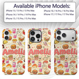 Cute Kawaii Fast Food Snacks Gingham Picnic Beige Custom Name Protective Phone Case Mobile Cover Durable Everyday Smartphone Shock Resistant