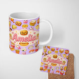 Personalized Custom Name Cute Kawaii Fast Food Snacks Gingham Picnic Purple Background 11oz Ceramic Coffee Tea Mug White Large Handle