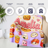 Cute Kawaii Fast Food Snacks Gingham Picnic Purple Background  Personalised Custom Name Super Soft Fleece Blanket Bed Sofa Throw