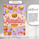 Cute Kawaii Fast Food Snacks Gingham Picnic Purple Background  Personalised Custom Name Super Soft Fleece Blanket Bed Sofa Throw