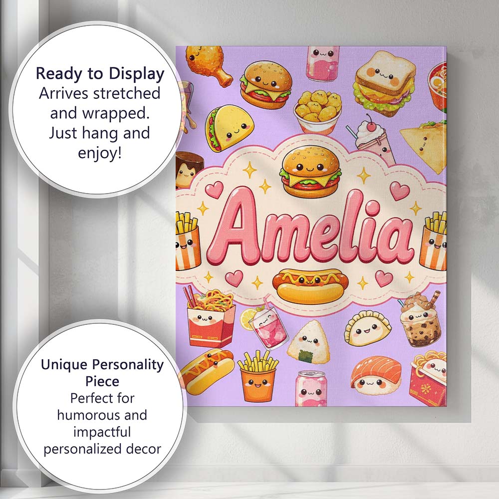 Personalised Name Cute Kawaii Fast Food Custom  Modern Room Accent Elegant Feature Canvas Wall Art Print Decor Picture Ready to Hang