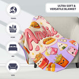 Cute Kawaii Fast Food Snacks Gingham Picnic Purple Background  Personalised Custom Name Super Soft Fleece Blanket Bed Sofa Throw