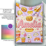 Cute Kawaii Fast Food Snacks Gingham Picnic Purple Background  Personalised Custom Name Super Soft Fleece Blanket Bed Sofa Throw