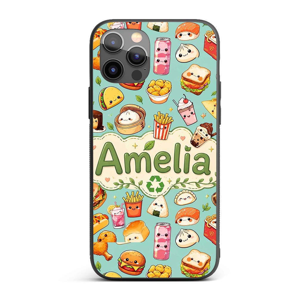 Cute Kawaii Fast Food Snacks Gingham Picnic Teal Custom Name Protective Phone Case Mobile Cover Durable Everyday Smartphone Shock Resistant