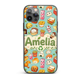 Cute Kawaii Fast Food Snacks Gingham Picnic Teal Custom Name Protective Phone Case Mobile Cover Durable Everyday Smartphone Shock Resistant