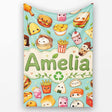 Cute Kawaii Fast Food Snacks Gingham Picnic Teal Background  Personalised Custom Name Super Soft Fleece Blanket Bed Sofa Throw