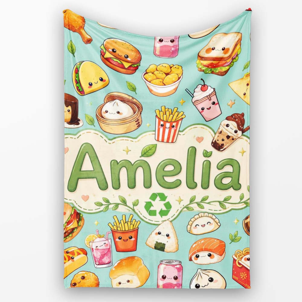 Cute Kawaii Fast Food Snacks Gingham Picnic Teal Background  Personalised Custom Name Super Soft Fleece Blanket Bed Sofa Throw