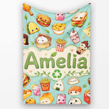 Cute Kawaii Fast Food Snacks Gingham Picnic Teal Background  Personalised Custom Name Super Soft Fleece Blanket Bed Sofa Throw