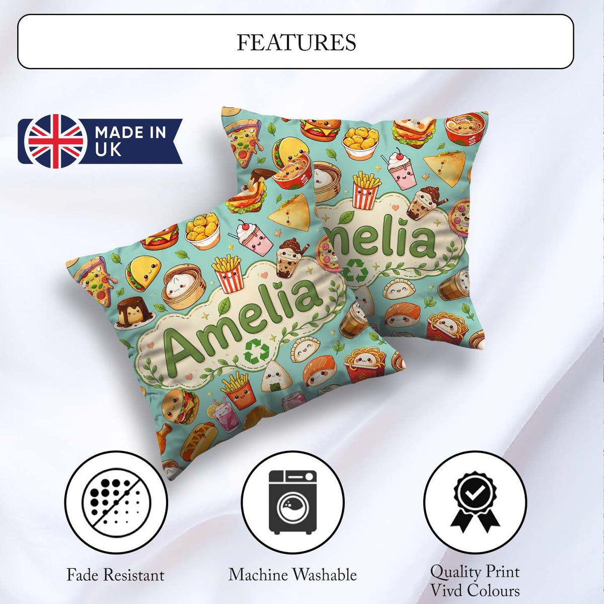 Custom Name Cute Kawaii Fast Food Snacks Gingham Teal Background Square Filled Cushion Throw Pillow Sofa Bed Home Decor Zip Washable UK Made