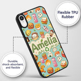Cute Kawaii Fast Food Snacks Gingham Picnic Teal Custom Name Protective Phone Case Mobile Cover Durable Everyday Smartphone Shock Resistant