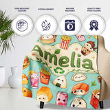 Cute Kawaii Fast Food Snacks Gingham Picnic Teal Background  Personalised Custom Name Super Soft Fleece Blanket Bed Sofa Throw