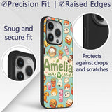 Cute Kawaii Fast Food Snacks Gingham Picnic Teal Custom Name Protective Phone Case Mobile Cover Durable Everyday Smartphone Shock Resistant