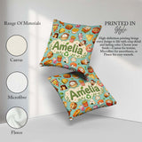 Custom Name Cute Kawaii Fast Food Snacks Gingham Teal Background Square Filled Cushion Throw Pillow Sofa Bed Home Decor Zip Washable UK Made